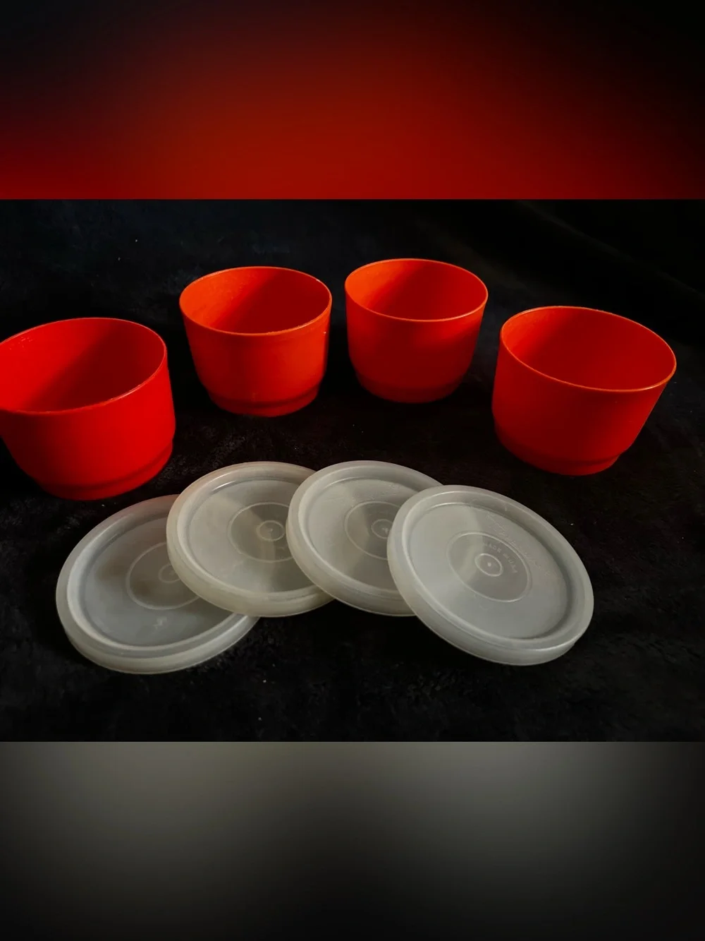 Vintage Tupperware Red Silicone Snack Cups with Clear Lids